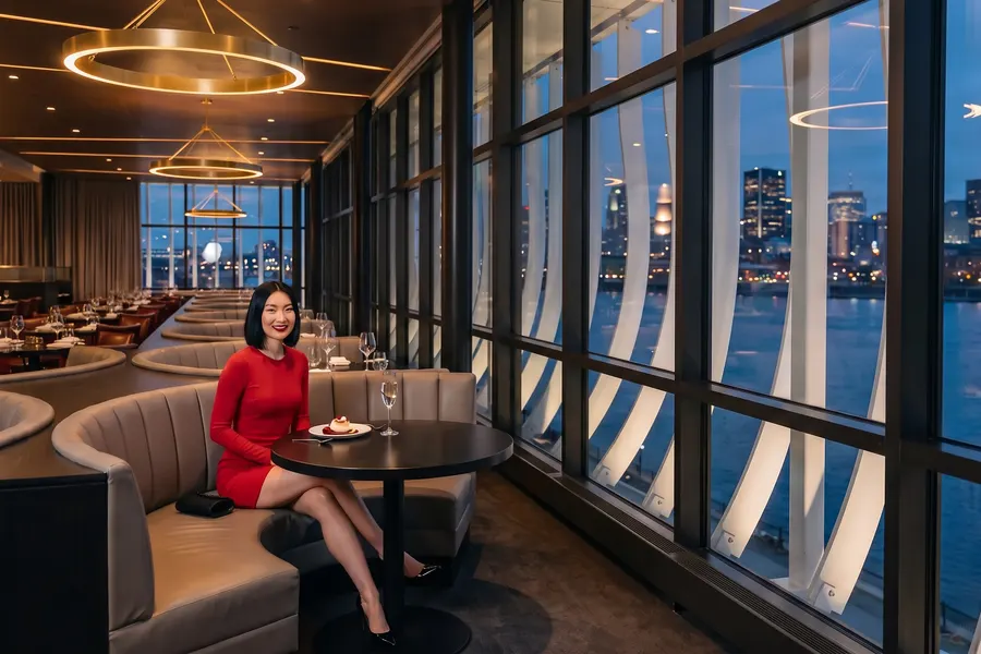 Une femme en robe rouge au restaurant Pavillon 67 du casino
