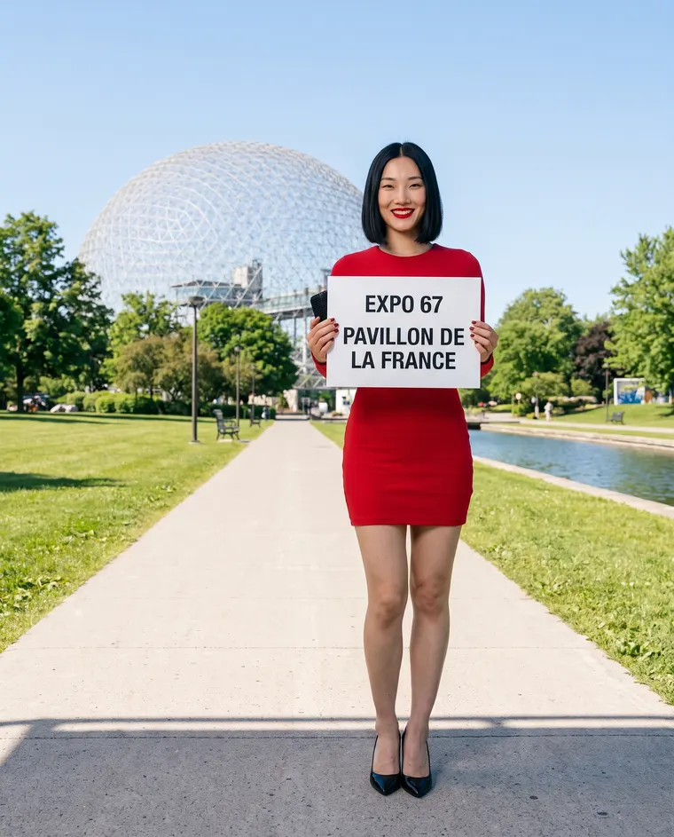 Une femme en rouge devant un dôme, tenant une affiche « Expo 67 »