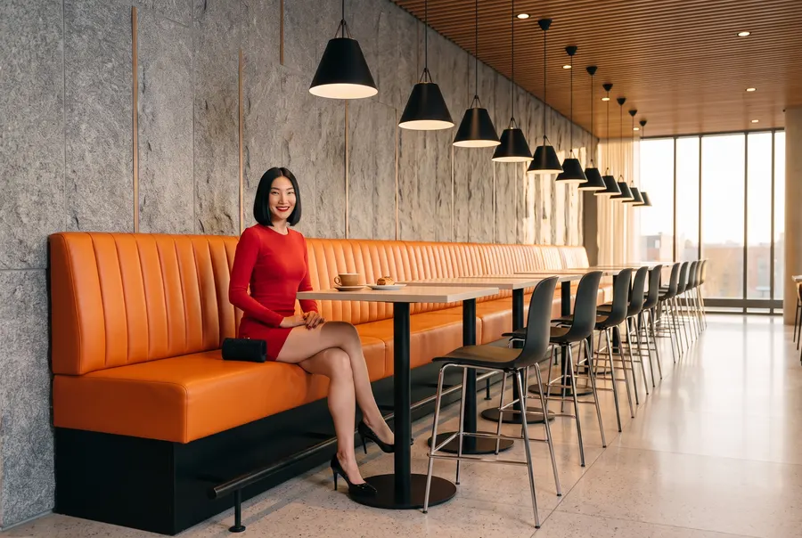 Une femme en robe rouge sur la banquette du restaurant L’Instant