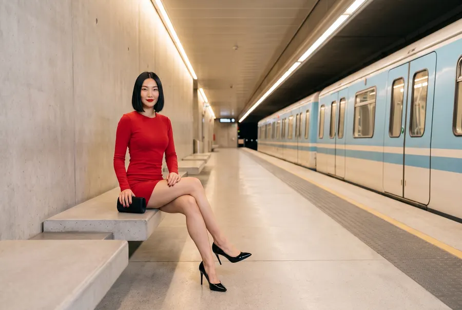 Une femme en robe rouge sur un banc de quai de métro
